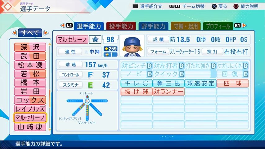 マルセリーノのパワプロ能力データ（2026年開幕版）・横浜DeNAベイスターズ