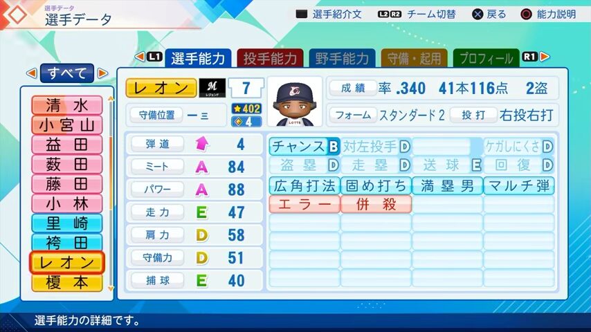 レオンのパワプロ能力データ2026年版千葉ロッテマリーンズレジェンドOB