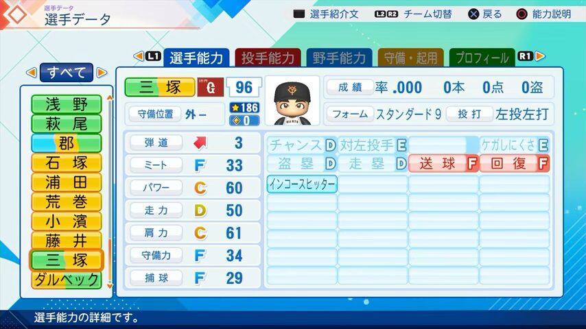 三塚のパワプロ能力データ（2026年開幕版）・巨人