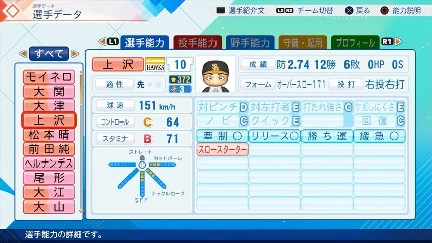 上沢のパワプロ能力データ（2026年開幕版）・ソフトバンクホークス