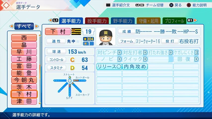 下村のパワプロ能力データ（2026年開幕版）・阪神タイガース