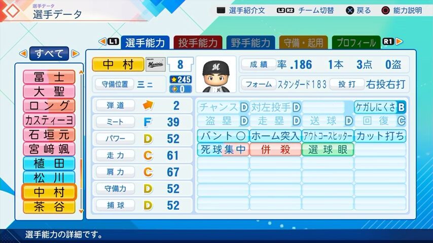 中村のパワプロ能力データ（2026年開幕版）・千葉ロッテマリーンズ