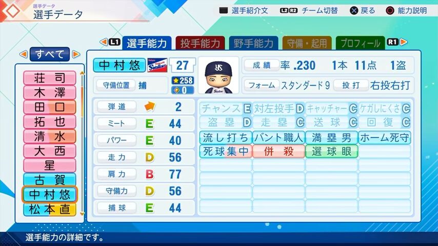 中村悠平のパワプロ能力データ（2026年開幕版）・ヤクルトスワローズ