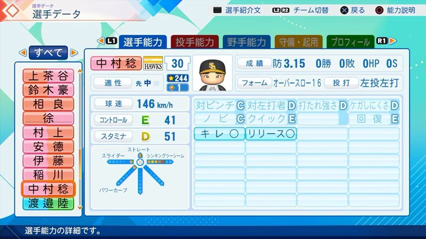 中村稔のパワプロ能力データ（2026年開幕版）・ソフトバンクホークス