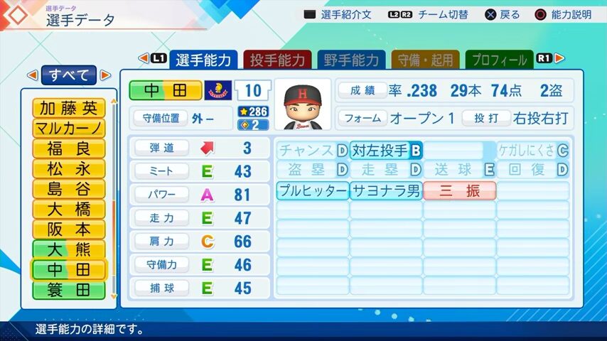 中田のパワプロ能力データ2026年版阪急ブレーブスレジェンドOB