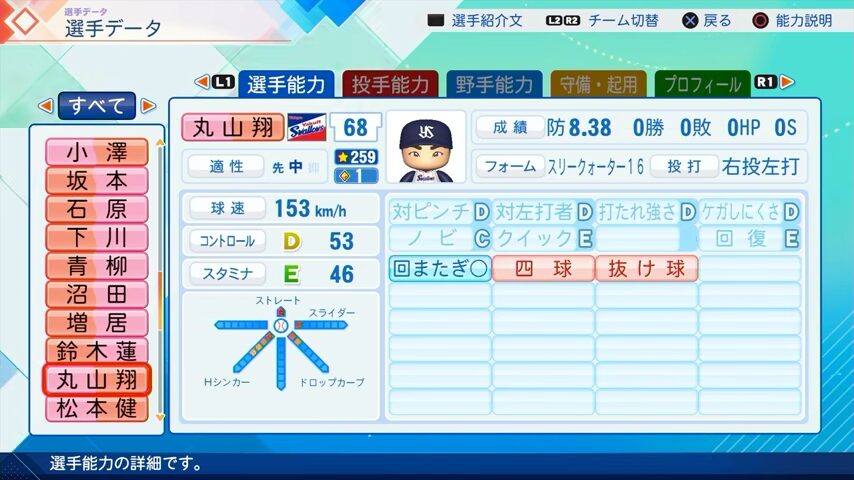 丸山翔のパワプロ能力データ（2026年開幕版）・ヤクルトスワローズ