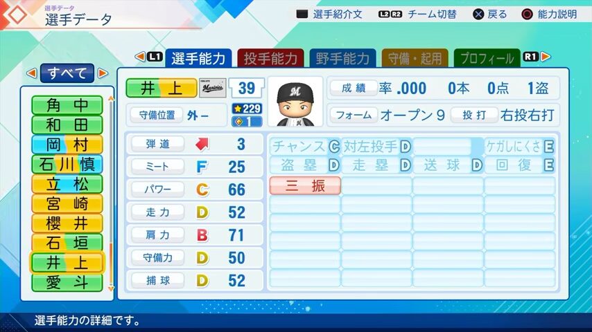 井上広大のパワプロ能力データ（2026年開幕版）・千葉ロッテマリーンズ