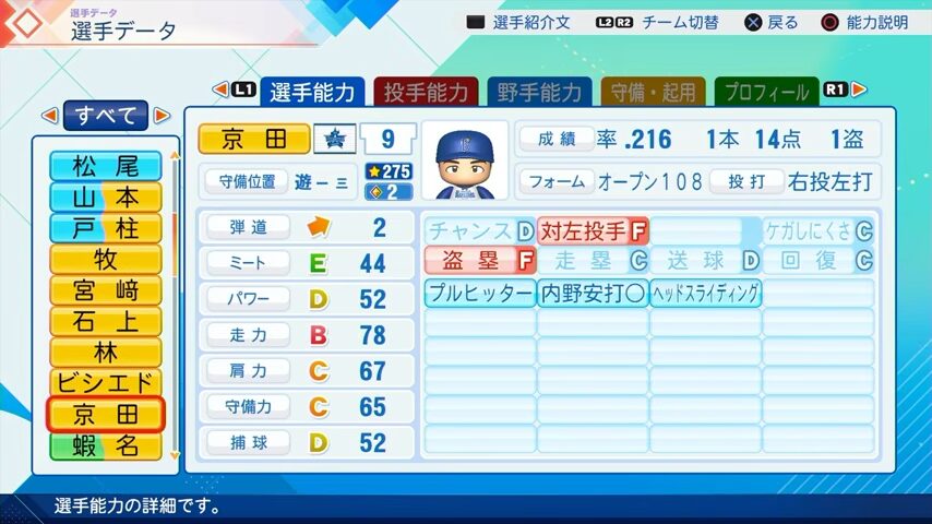 京田のパワプロ能力データ（2026年開幕版）・横浜DeNAベイスターズ
