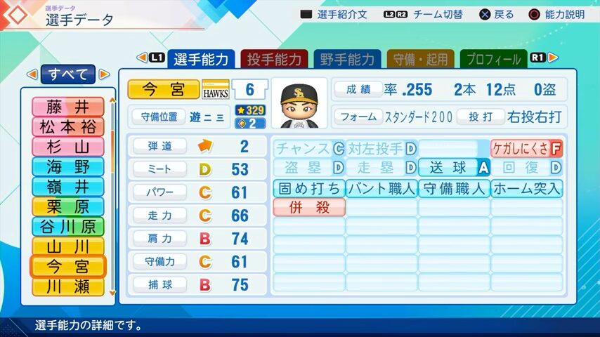 今宮健太のパワプロ能力データ（2026年開幕版）・ソフトバンクホークス