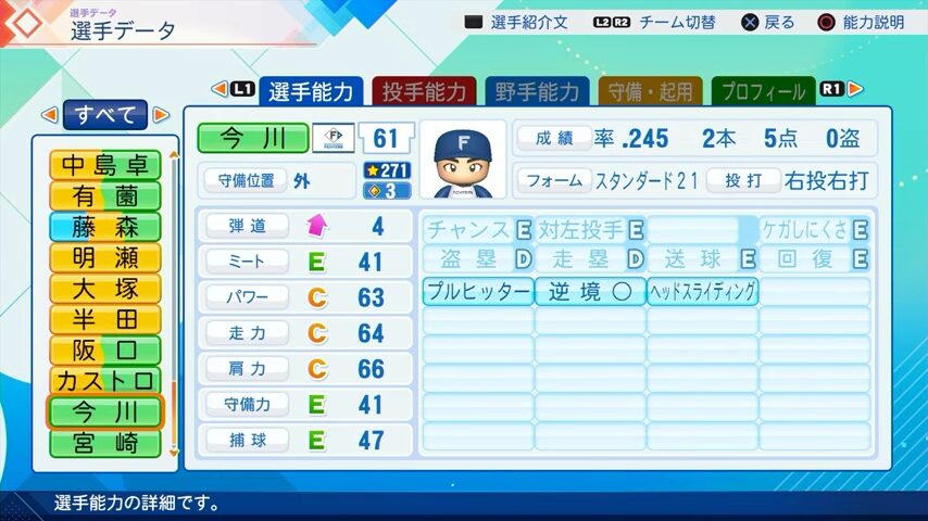今川のパワプロ能力データ（2026年開幕版）・日本ハムファイターズ