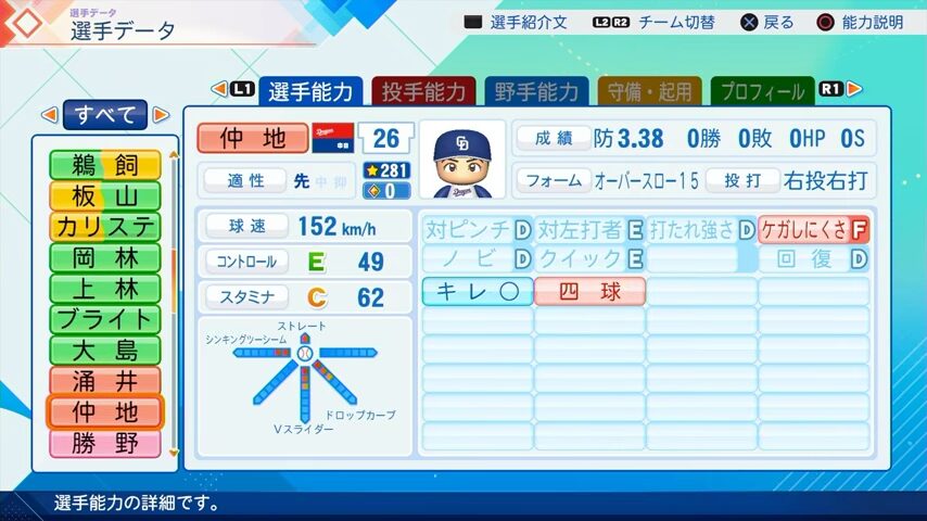 仲地のパワプロ能力データ（2026年開幕版）・中日ドラゴンズ