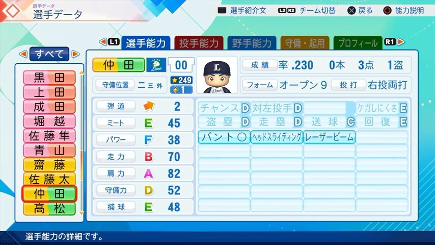 仲田のパワプロ能力データ（2026年開幕版）・西武ライオンズ