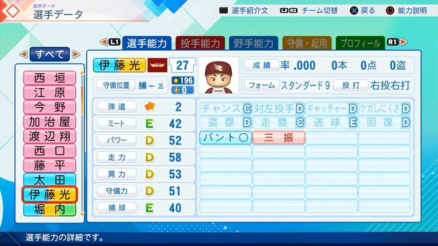 伊藤光のパワプロ能力データ（2026年開幕版）・楽天イーグルス
