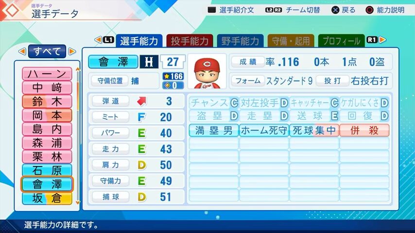 会澤のパワプロ能力データ（2026年開幕版）・広島カープ