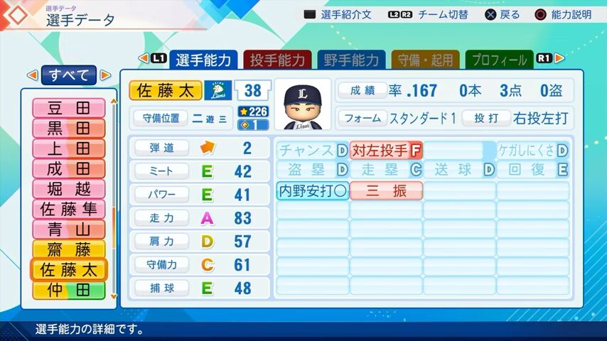 佐藤太のパワプロ能力データ（2026年開幕版）・西武ライオンズ