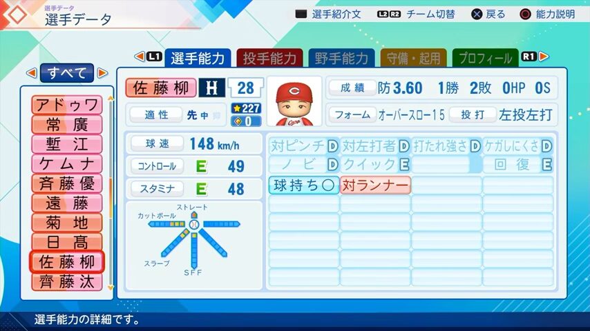 佐藤柳のパワプロ能力データ（2026年開幕版）・広島カープ