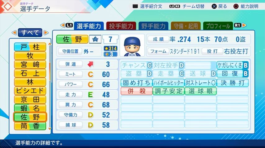 佐野のパワプロ能力データ（2026年開幕版）・横浜DeNAベイスターズ