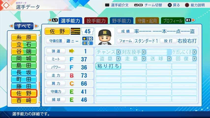 佐野のパワプロ能力データ（2026年開幕版）・阪神タイガース