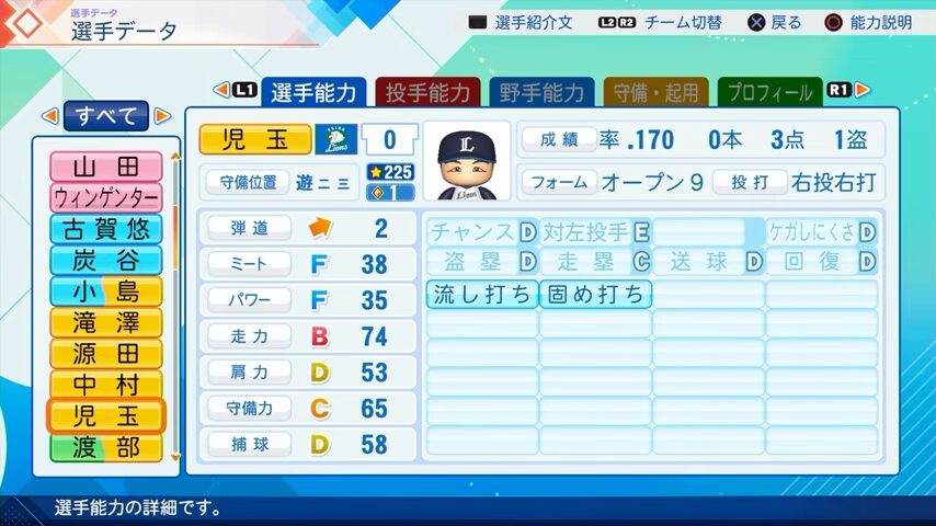 児玉のパワプロ能力データ（2026年開幕版）・西武ライオンズ