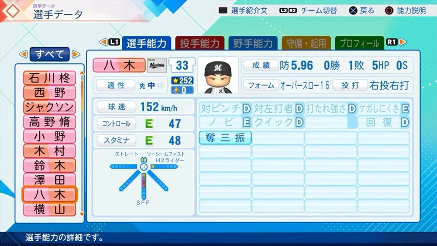 八木のパワプロ能力データ（2026年開幕版）・千葉ロッテマリーンズ