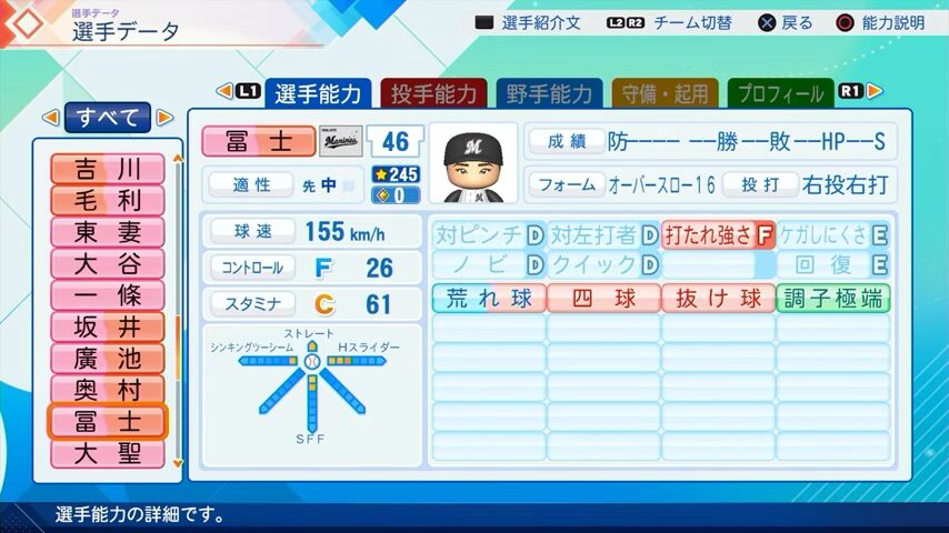 冨士のパワプロ能力データ（2026年開幕版）・千葉ロッテマリーンズ