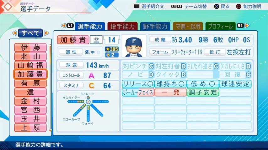 加藤貴のパワプロ能力データ（2026年開幕版）・日本ハムファイターズ