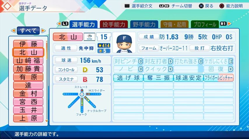 北山のパワプロ能力データ（2026年開幕版）・日本ハムファイターズ