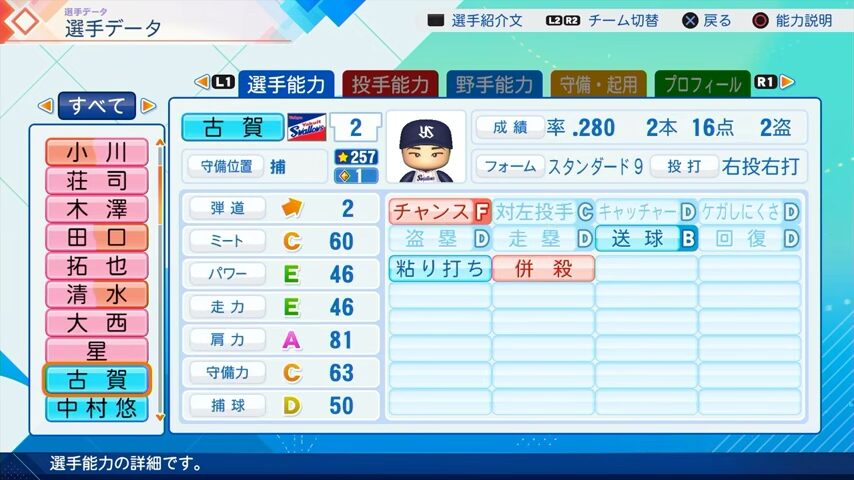 古賀のパワプロ能力データ（2026年開幕版）・ヤクルトスワローズ