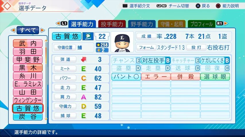 古賀悠のパワプロ能力データ（2026年開幕版）・西武ライオンズ