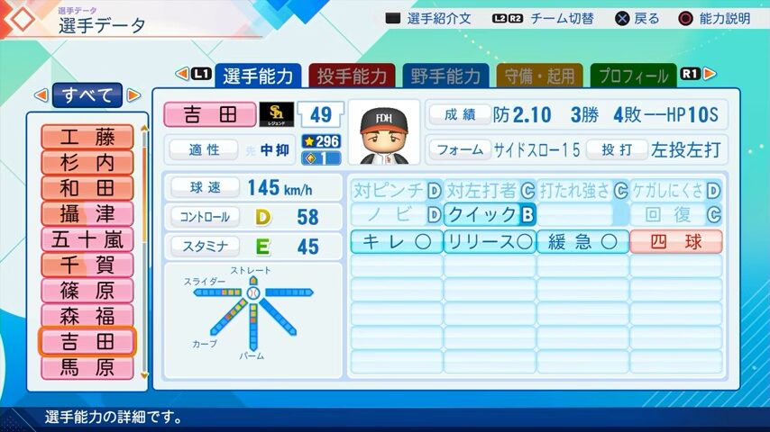 吉田のパワプロ能力データ2026年版ホークスレジェンドOB