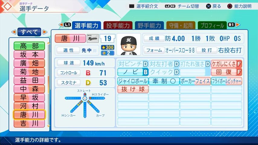 唐川侑己のパワプロ能力データ（2026年開幕版）・千葉ロッテマリーンズ