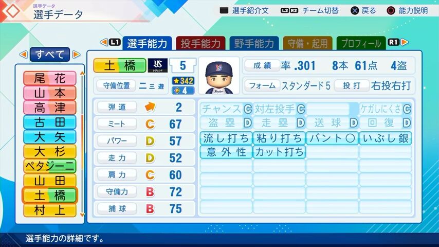 土橋のパワプロ能力データ2026年版ヤクルトスワローズレジェンドOB