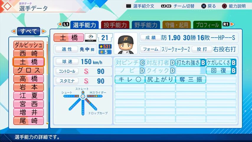 土橋のパワプロ能力データ2026年版日本ハムファイターズレジェンドOB