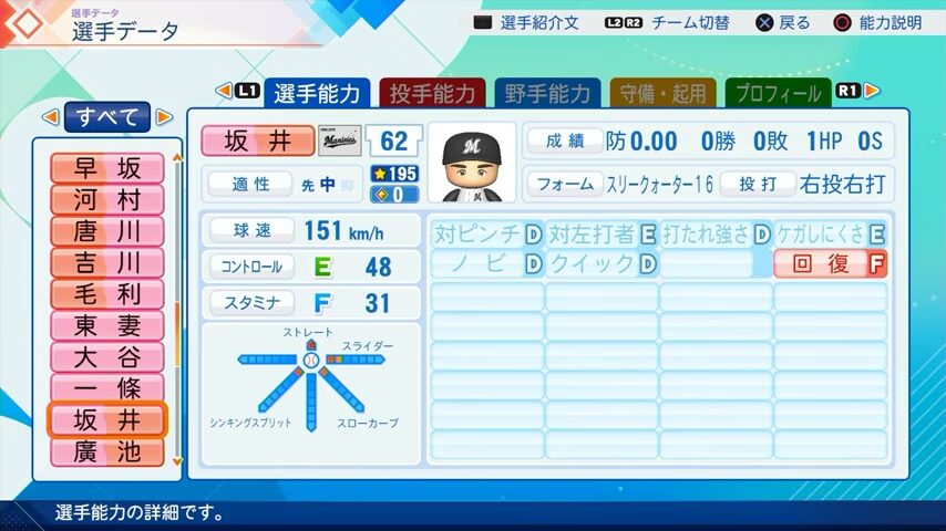 坂井のパワプロ能力データ（2026年開幕版）・千葉ロッテマリーンズ