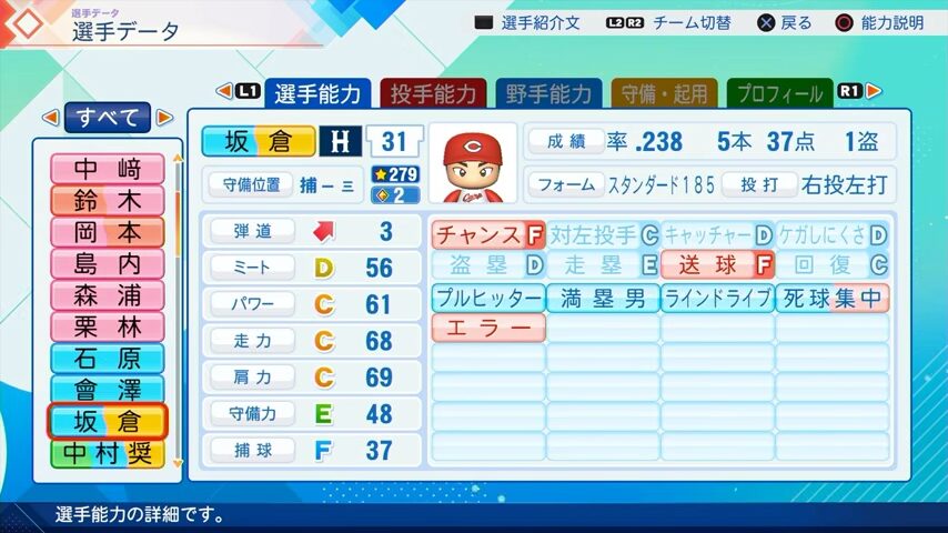 坂倉のパワプロ能力データ（2026年開幕版）・広島カープ