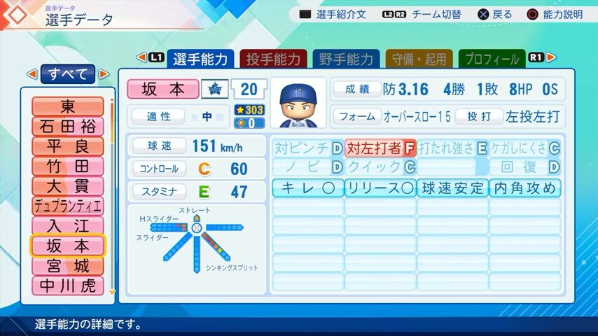 坂本のパワプロ能力データ（2026年開幕版）・横浜DeNAベイスターズ