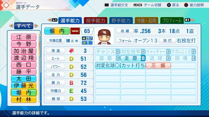 堀内のパワプロ能力データ（2026年開幕版）・楽天イーグルス