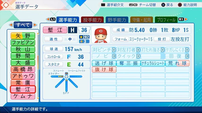 塹江のパワプロ能力データ（2026年開幕版）・広島カープ