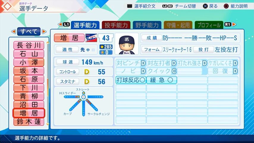 増居のパワプロ能力データ（2026年開幕版）・ヤクルトスワローズ