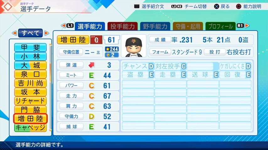 増田陸のパワプロ能力データ（2026年開幕版）・巨人