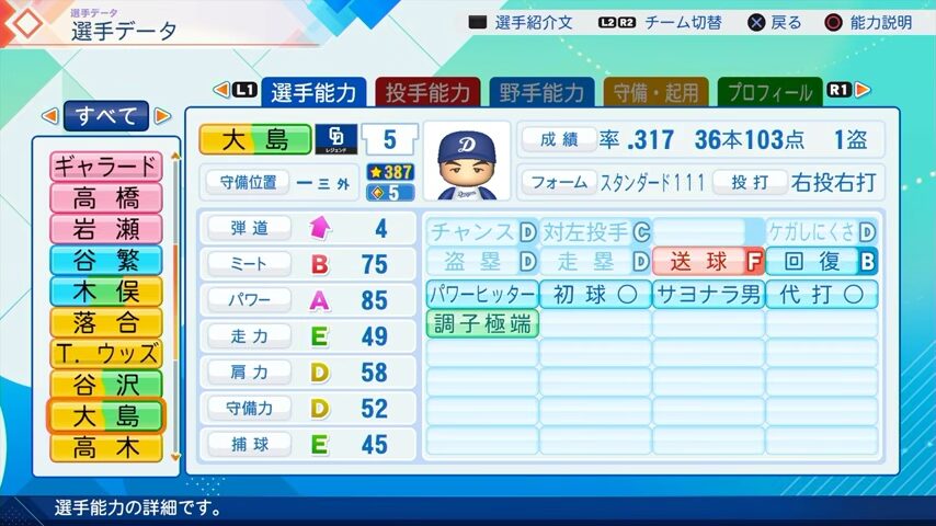 大島のパワプロ能力データ2026年版中日ドラゴンズレジェンドOB