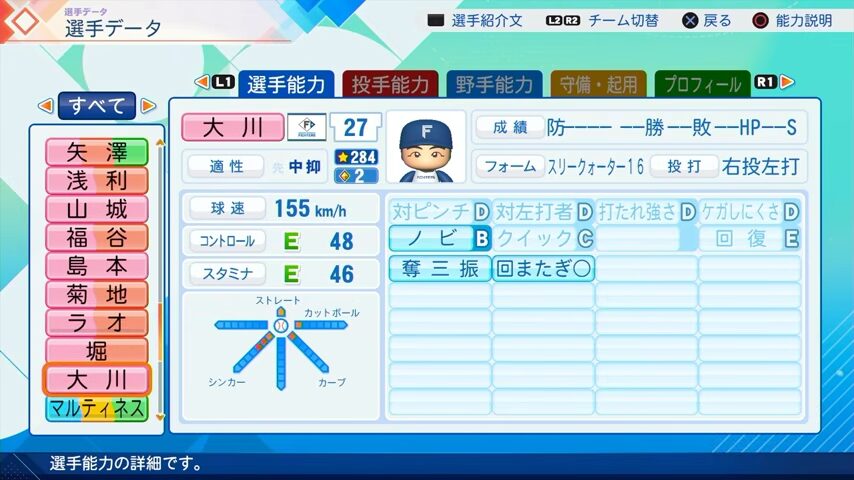 大川のパワプロ能力データ（2026年開幕版）・日本ハムファイターズ