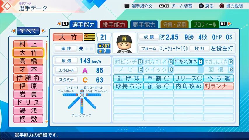 大竹耕太郎のパワプロ能力データ（2026年開幕版）・阪神タイガース