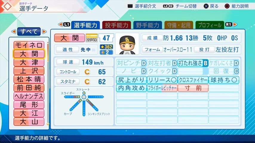 大関のパワプロ能力データ（2026年開幕版）・ソフトバンクホークス