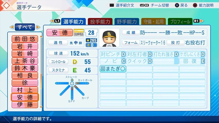 安徳のパワプロ能力データ（2026年開幕版）・ソフトバンクホークス