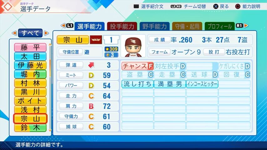 宗山のパワプロ能力データ（2026年開幕版）・楽天イーグルス