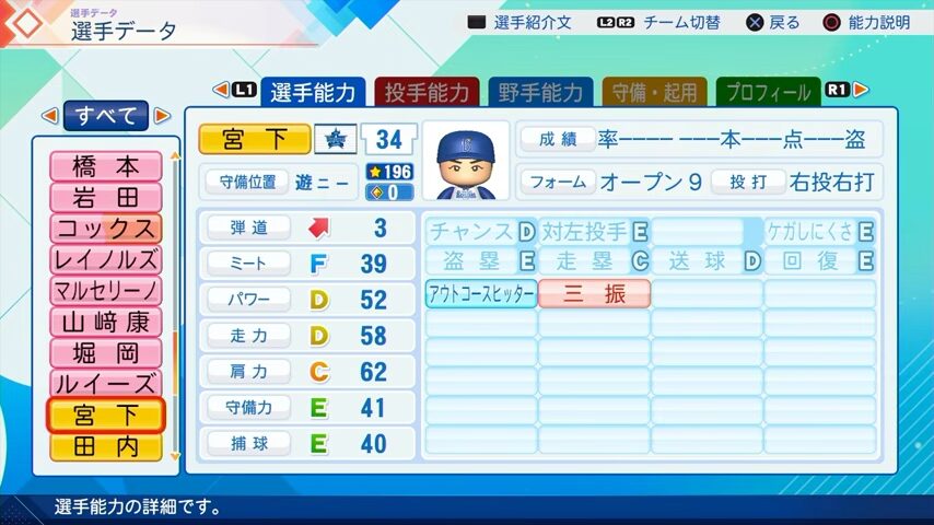 宮下のパワプロ能力データ（2026年開幕版）・横浜DeNAベイスターズ