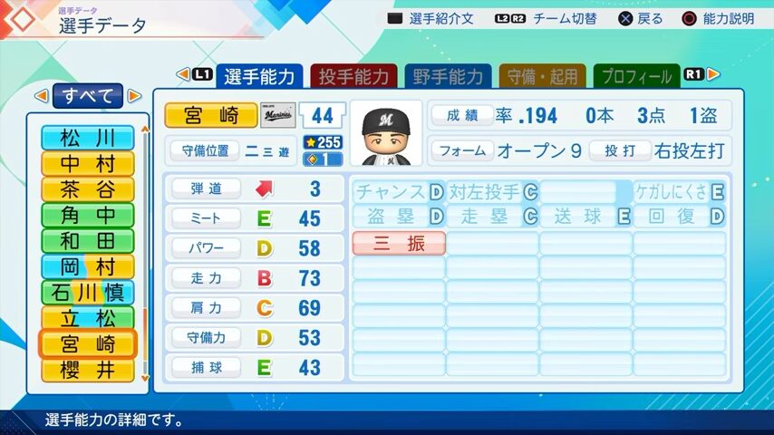 宮﨑のパワプロ能力データ（2026年開幕版）・千葉ロッテマリーンズ