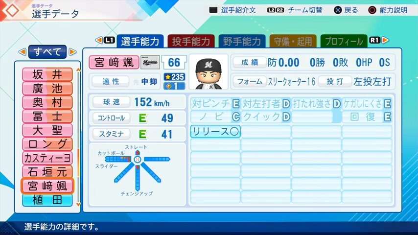 宮﨑颯のパワプロ能力データ（2026年開幕版）・千葉ロッテマリーンズ