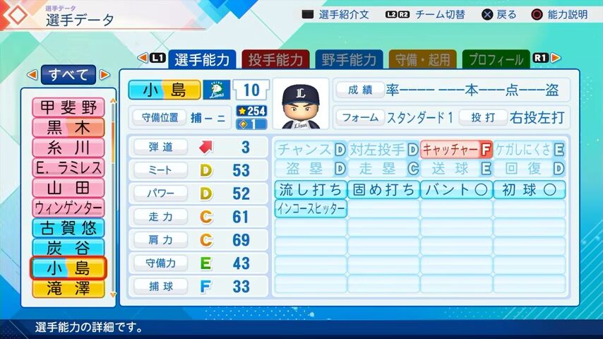 小島のパワプロ能力データ（2026年開幕版）・西武ライオンズ